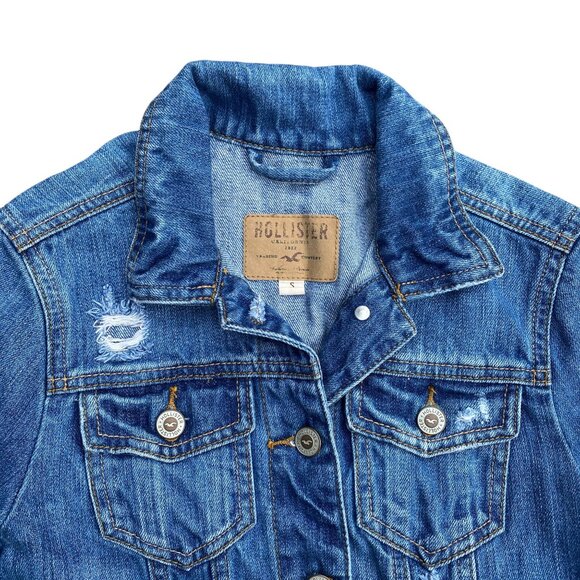 Hollister Y2K Grunge Cropped Trucker Jean Jacket Sz S Retro Distressed Festival - Picture 2 of 13